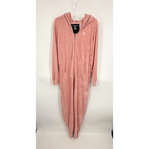 Onepiece Pants - OnePiece Jumpsuit Size S Velour Velvet Pink Hooded Logo Soft Cozy Loungewear